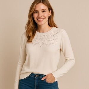 LOFT Ivory Eyelet Knit Crewneck Sweater Women’s Small